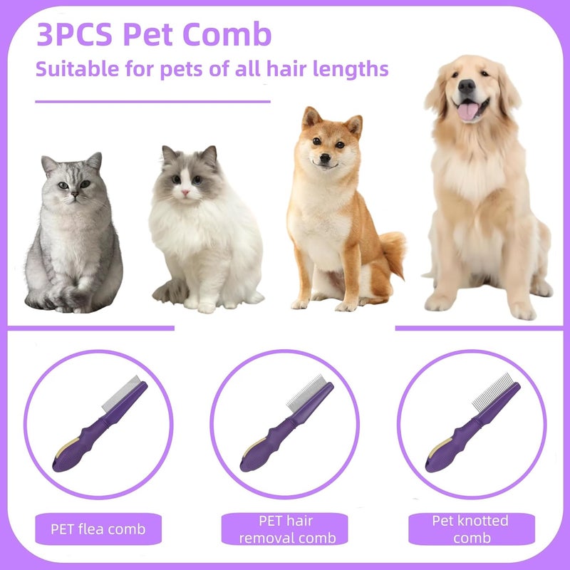 TemApex 3PCS Pet Comb for Grooming Long & Short Haired Cats & Dogs With Stainless Steel Metal Teeth for Removes Tangles & Flea, Non-Slip & Anti-Static Rubber Handle, Safe & Gentle - Image 2